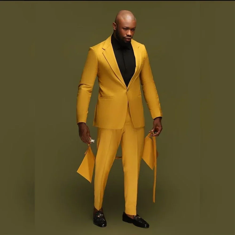 

Fashion Yellow Men's Suits Blazer Notched Lapel Single Breasted Casual 2 Piece Jacket Pants Slim Fit Costume Tailor