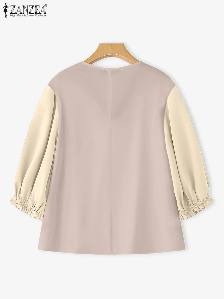 ZANZEA 2025 Elegant Blouse Autumn Lantern Sleeve Women V-Neck Color Patchwork Casual Shirts Fashion Office Lady Korean Blusas