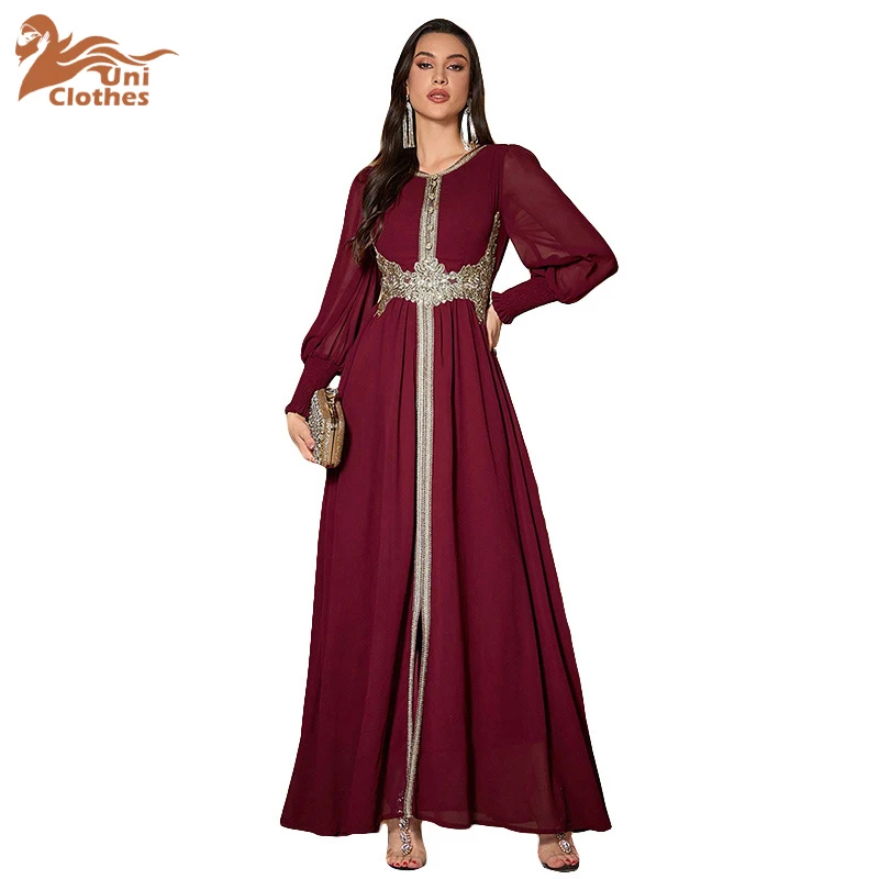 

UNI Red Abayas for Women Chiffon Muslim Dress Eid Djellaba Ramadan Islam Clothing Robe Turkey Kaftan Morocco Caftan Gown