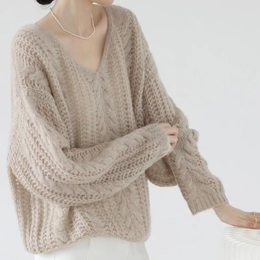 Damen-Pullover im französischen Stil mit V-Ausschnitt und hohlem Strickpullover, elegant, frühes Frühlings-Herbst-Winter-Basisschichthemd, westliche Top-Kleidung