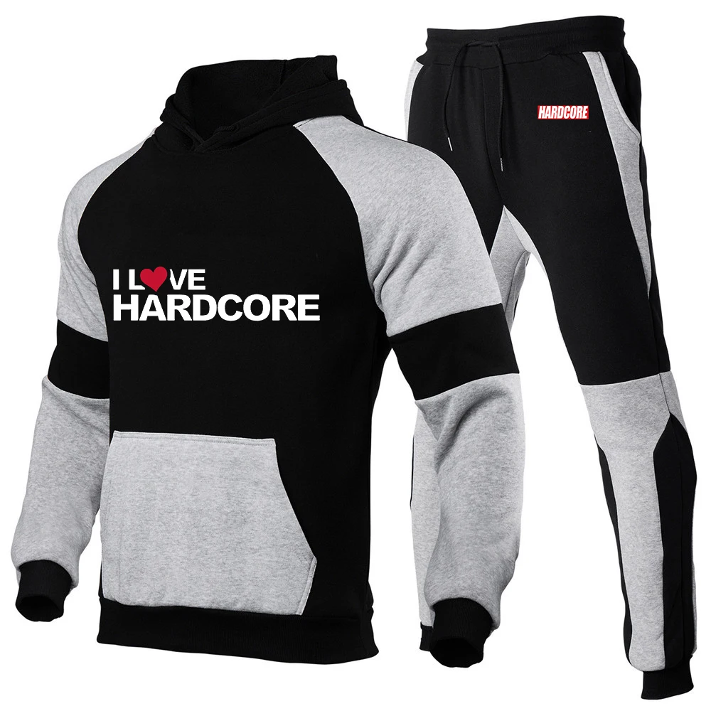 Hardcore marca masculina primavera e outono novos ternos impressão casual pulôver cor combinando com capuz + moletom conjunto de duas peças