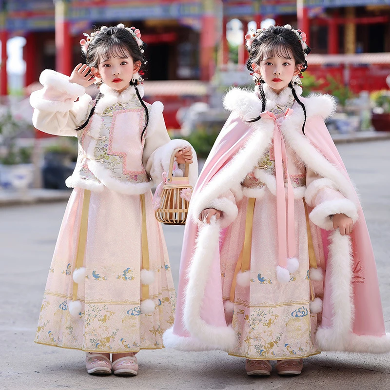 

Новый зимний теплый костюм ханьфу для девочек с плащом, детский костюм древней феи, стеганое платье, детский костюм Тан, 2026, одежда на китайский Новый год