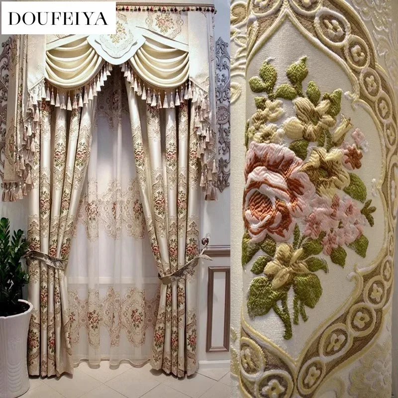 European Embossed Jacquard Blackout Vintage Green Velvet Cloth Thickened Curtains for Living Room Bedroom Dining Romantic Tulle