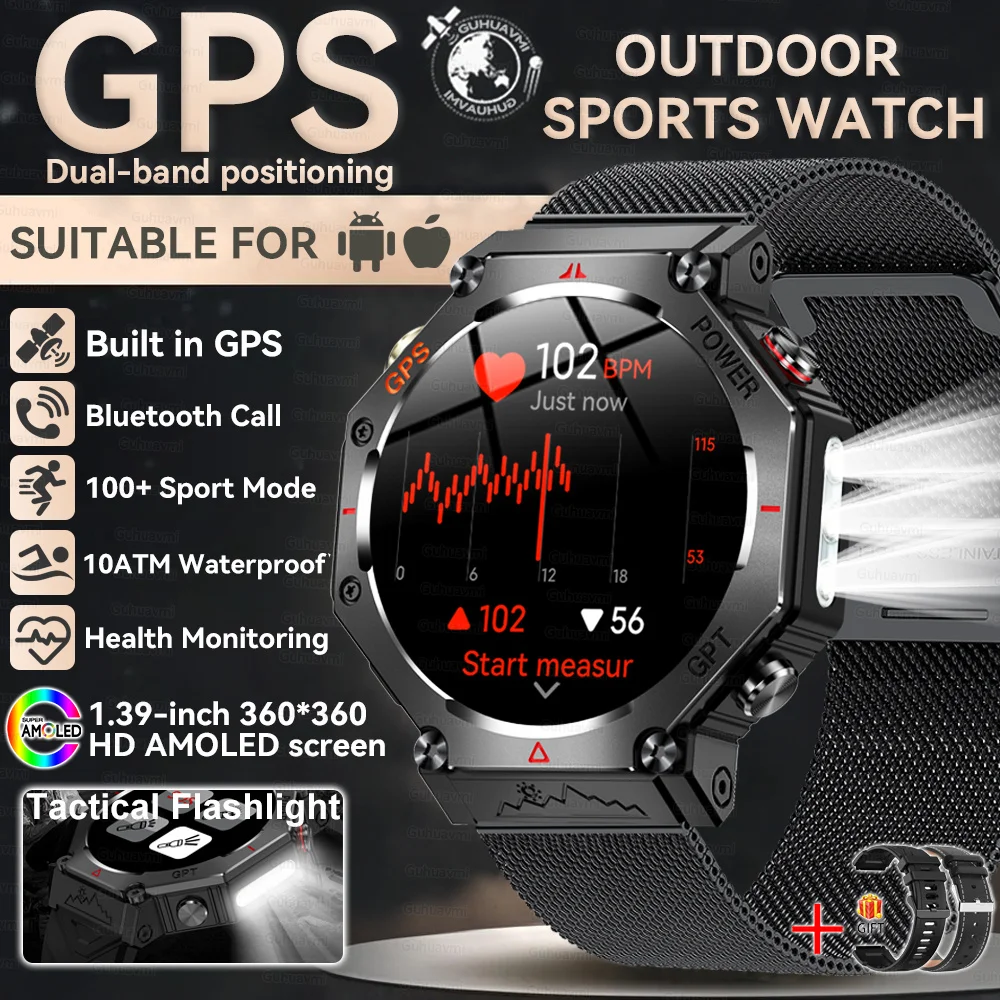 2026 Nieuwe Ingebouwde GPS Outdoor Smartwatch Heren Zaklamp Kompas BT-oproep Hartslagmeter 10ATM Waterdicht Sport Smartwatch 2026
