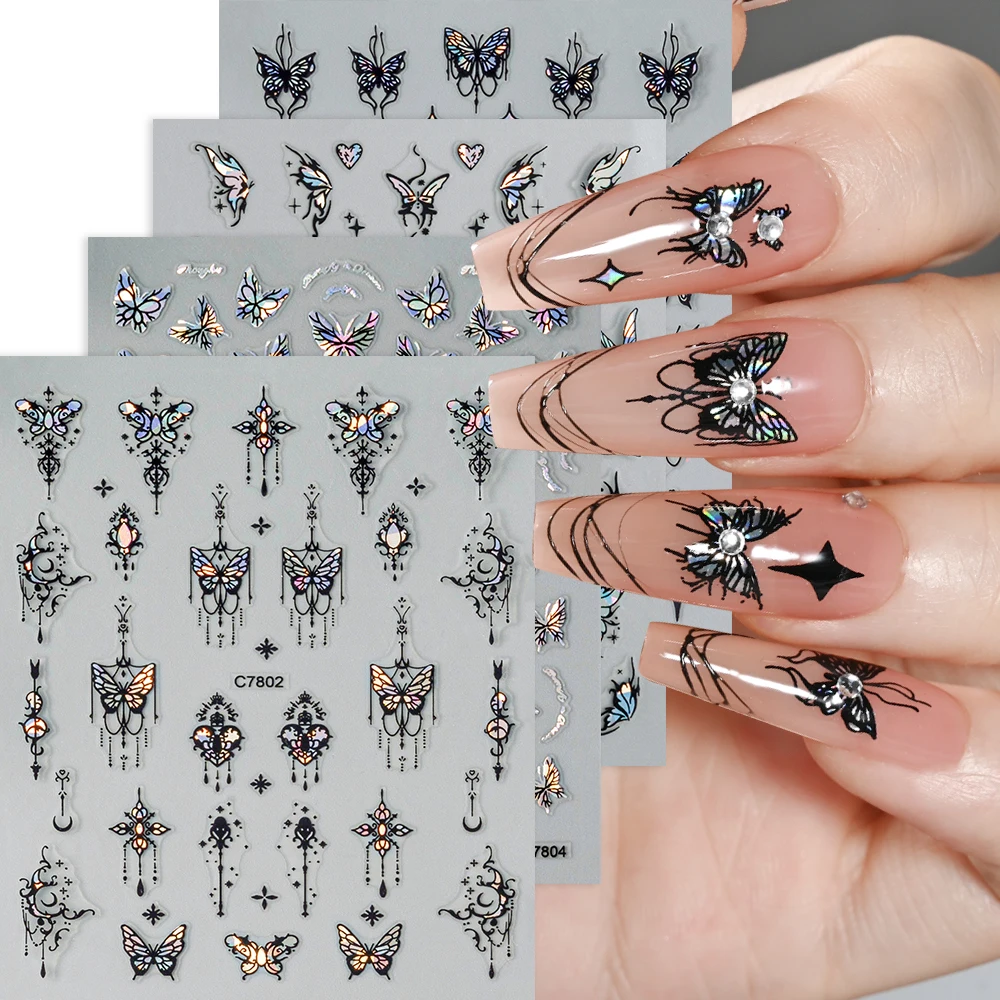 1pcs Metallic Black Butterfly Nail Stickers 3D Laser Holographic Charms Sliders Lace Dream Catcher Moon Heart Star Nail Decals