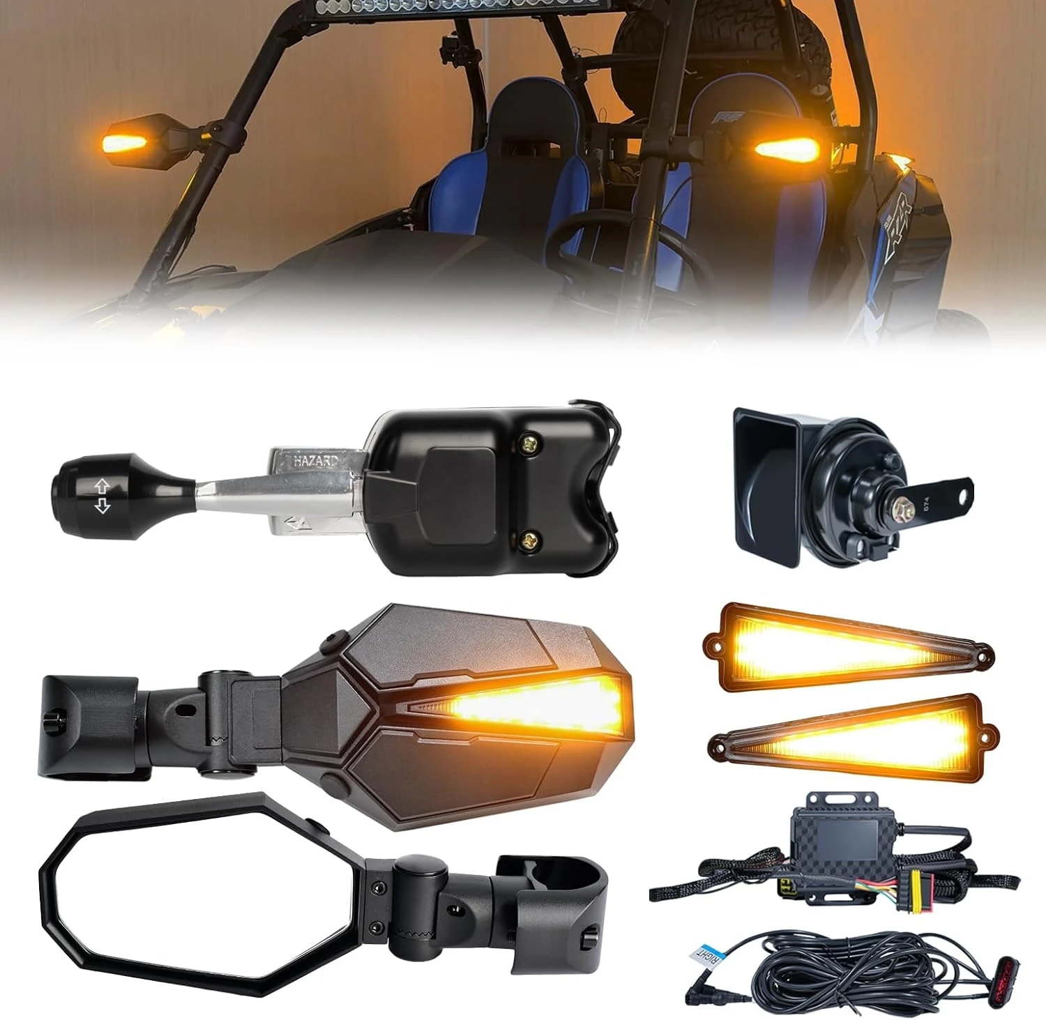 

Newest UTV Turn Signal Kit with Side Mirrors for 1.5"-2" Roll Bar, 110dB Horn, Plug and Play, Pre-Wired Blinker Kit Street Legal