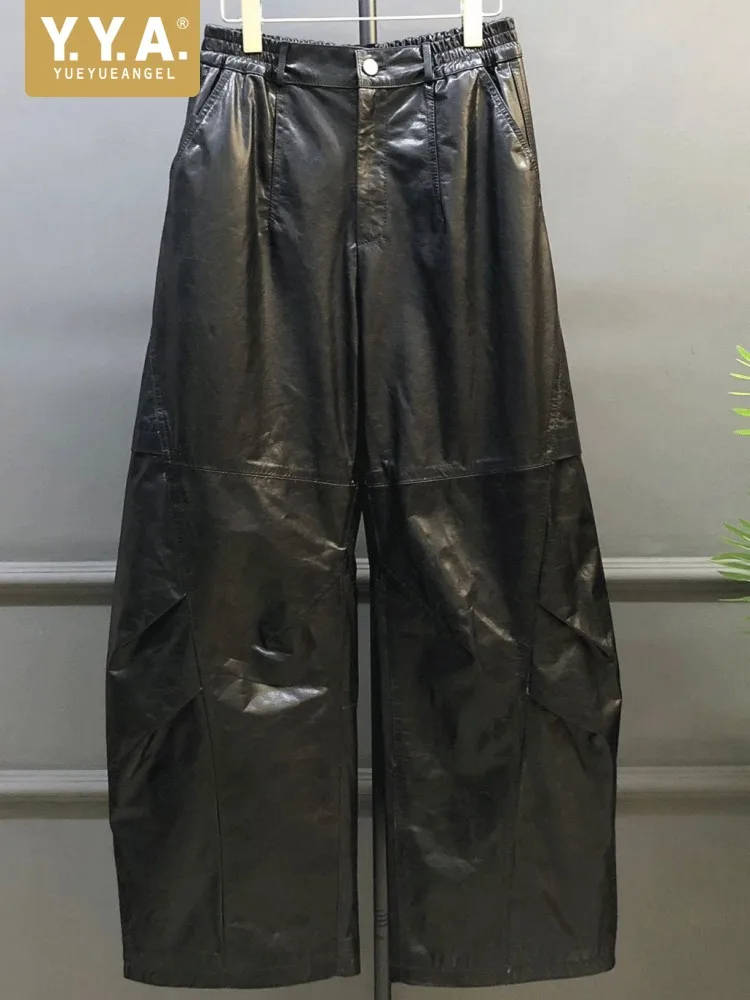 Fashion Button Pockets Leisure Genuine Leather Wide-Leg Pants Comfortable High Waist Ladies Oil Wax Cowhide Handmade Trousers