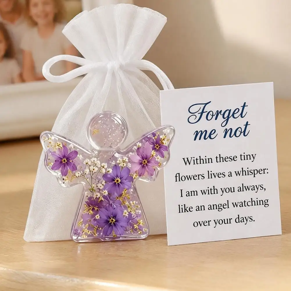 Forget-me-not Angel Ornament Pocket-sized Angel Gift Forget Me Not Dried Flower Angel Keepsake Mini Acrylic Pocket Hug Figurine
