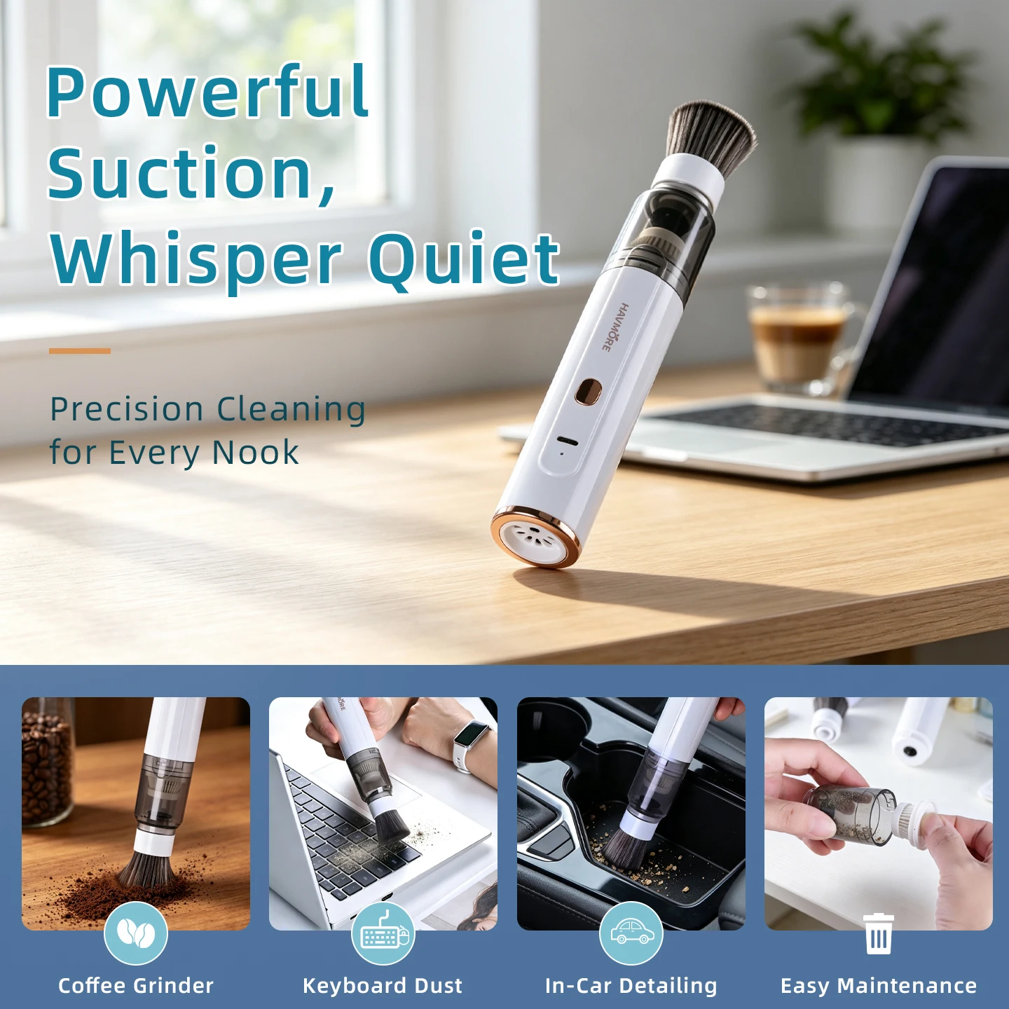 Havmore Washable Detachable Type‑C Charging Mini Hand‑held Coffee Ground Dust Vacuum Cleaner for Coffee Bar Use