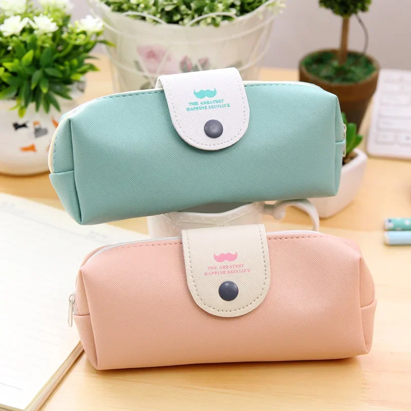 Candy Color PU Leather Large Capacity Pencil Bags Beard Printed Simple Style Snap Button Pencil Pouch School Stationery Storage