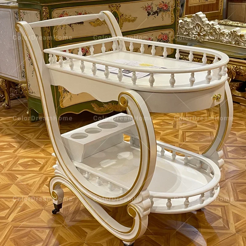 2026 French luxury white hand carts & trolleys wood bar carts for home