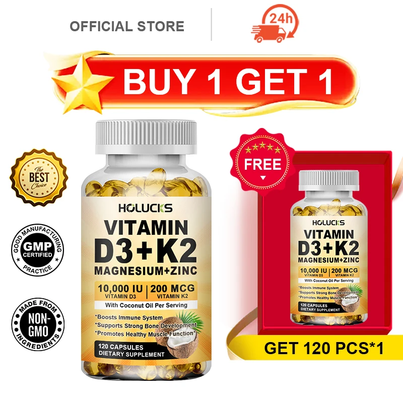 Buy 1 Get 1 Free! Vitamin D3+K2 Supplement, with Magnesium Glycinate & Zinc, Supports Bone Density, Cardiovascular, Heart Health