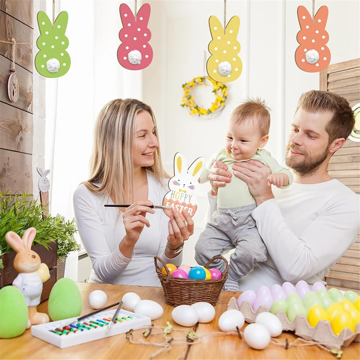 Large Size 7 Inch Wooden Easter Ornaments to Paint, Wooden- Bunny Happy Easter Cutouts DIY Blank