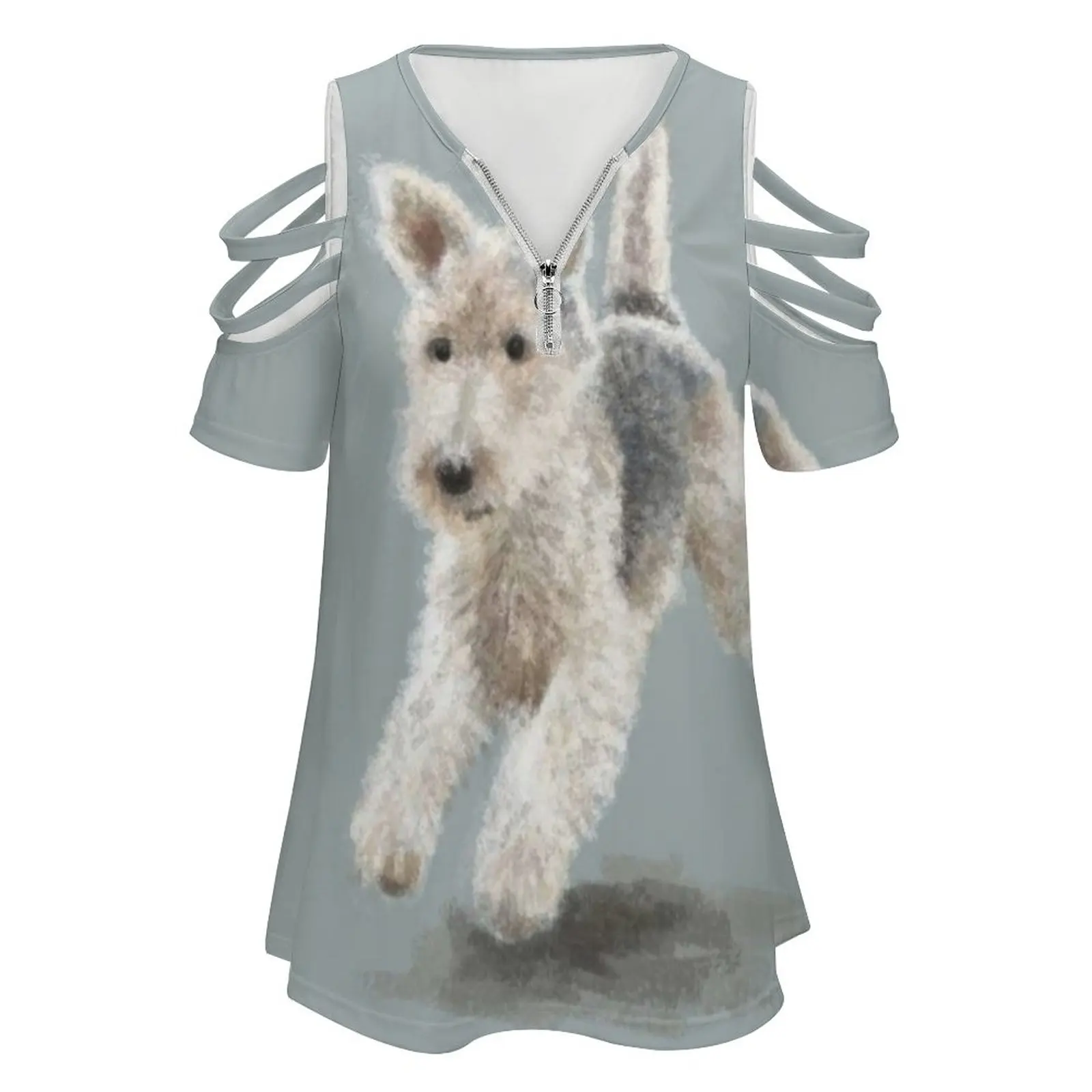 The Fox Terrier New Fashion Zip Off Shoulder Top Short-Sleeve Women Shirt Fox Foxy Foxies Dog Dogs Terrier Terriers Small Breed