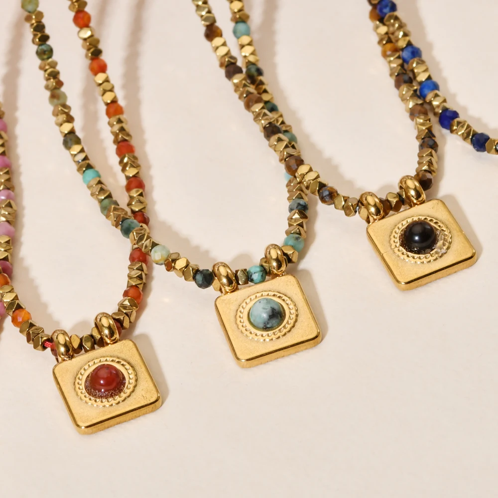 Neue Halskette aus Edelstahl mit quadratischen Perlen und Vintage-Tigerauge-Steinanhänger für Damen, modischer Trend, Schmuckgeschenk. – Detail 1
