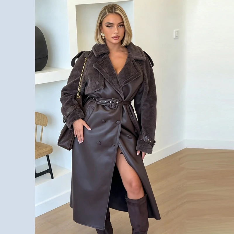 Damen Kunstleder Langer Mantel Teddy-Fleece Gespleißter Reverskragen Doppelreihig mit Gürtel in der Taille Lose Jacke Winter Damen Oberbekleidung