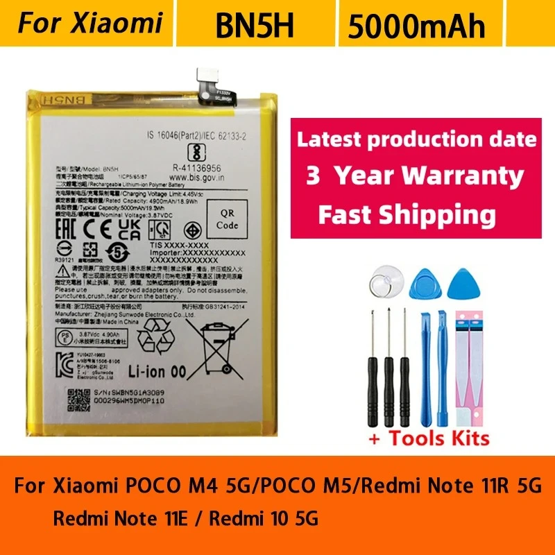 New BN5H Battery 5000mAh For Xiaomi POCO M4 5G/POCO M5/REDMI NOTE 11R 5G/REDMI NOTE 11E/REDMI 10 5G Battery+Tools Fast Shipping