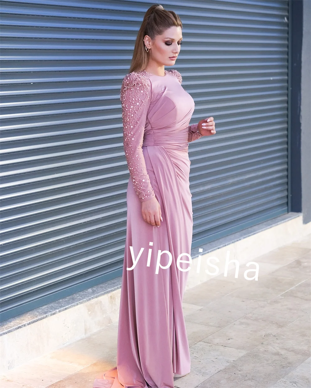 Customized Exquisite Jersey Sequined Beading Ruched A-line High Collar Long Dresses Prom Dresses Modern Style Pastrol Unisex Chi