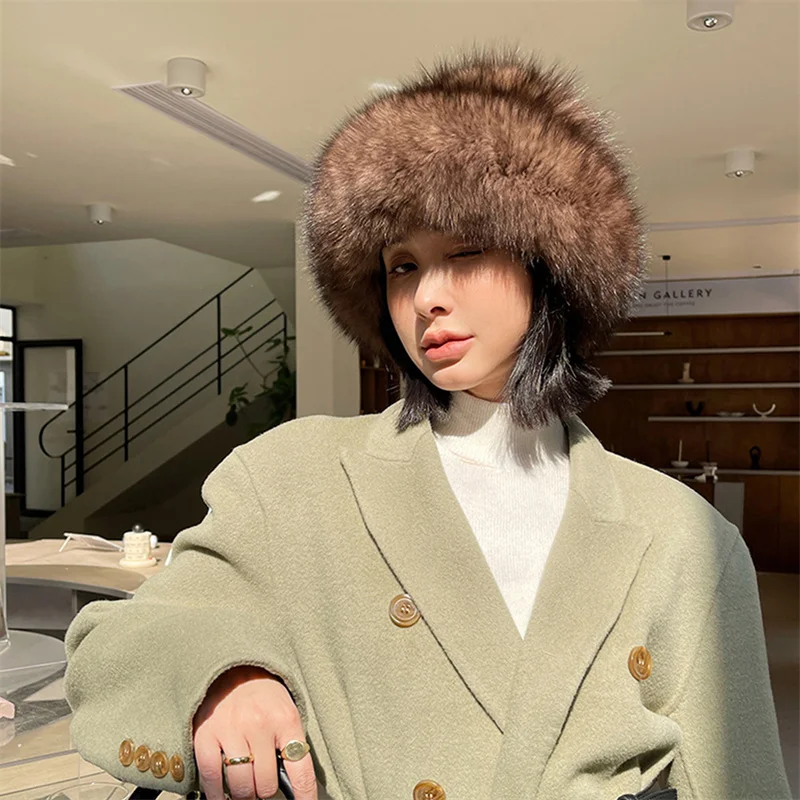 

New Women's Russian Flower Pot Hat Style Luxury True Purple Mink Fur Hat Winter Natural Warmth Fluffy Thickened Fur Hat