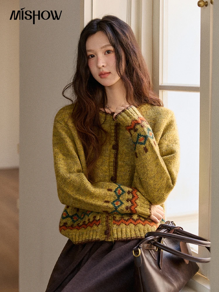 

MISHOW Geometric Jacquard Cardigan for Women 2025 National Style Color Dot Loose Sweater Commute Winter Clothes MXE86Z2731