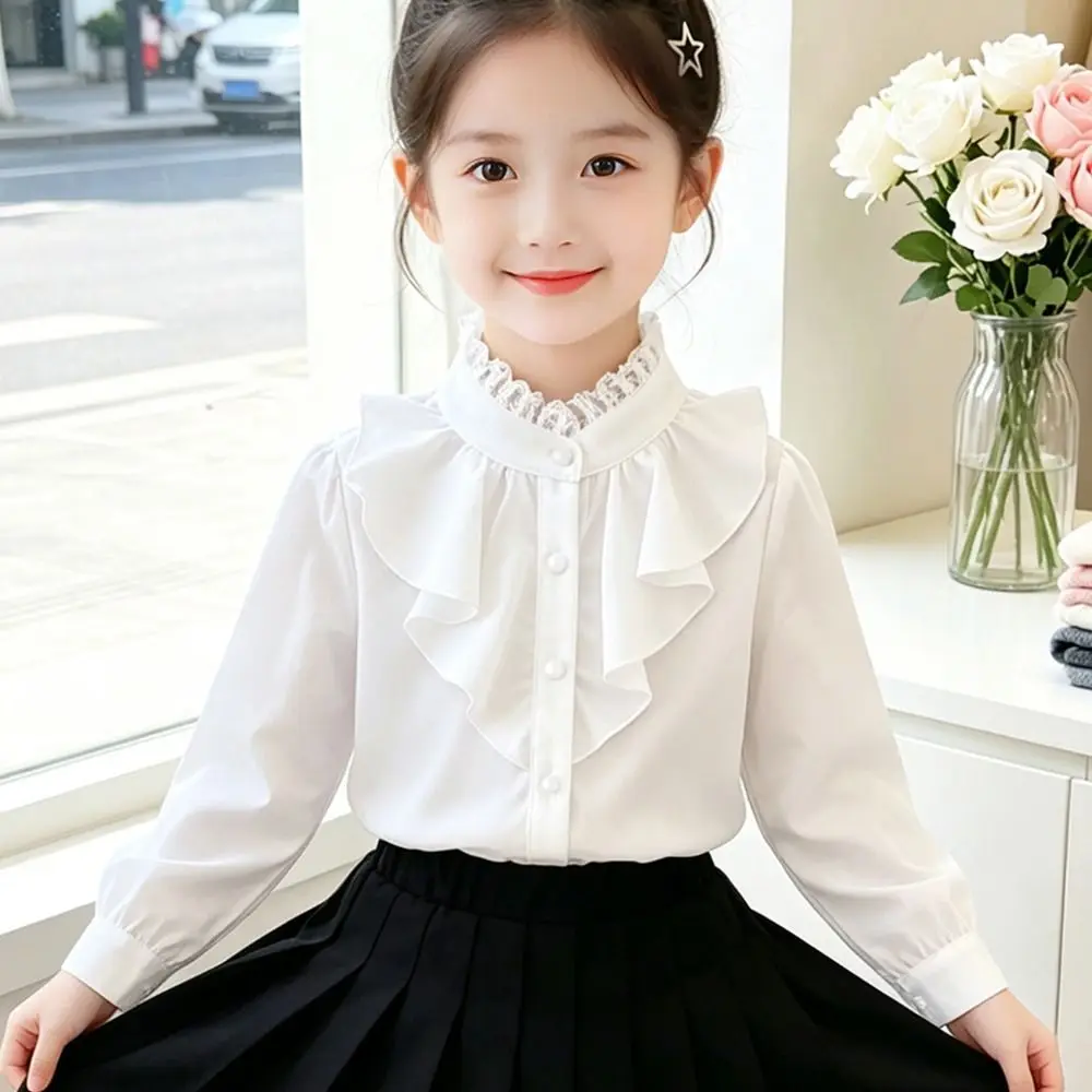 Fashion White Girl Long Sleeve Shirt Lace Long Sleeve Girl Chiffon Blouse Chiffon Fabric Button Front Clothing for School Girls