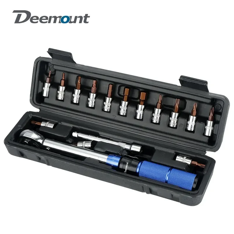 

Deemount Bicycle Torque Wrench 1/4” Drive Click W/ 10cm Extension Adapter Rod 72 Teeth Ratchet 14 Bits 2-24NM Torque Repair Tool