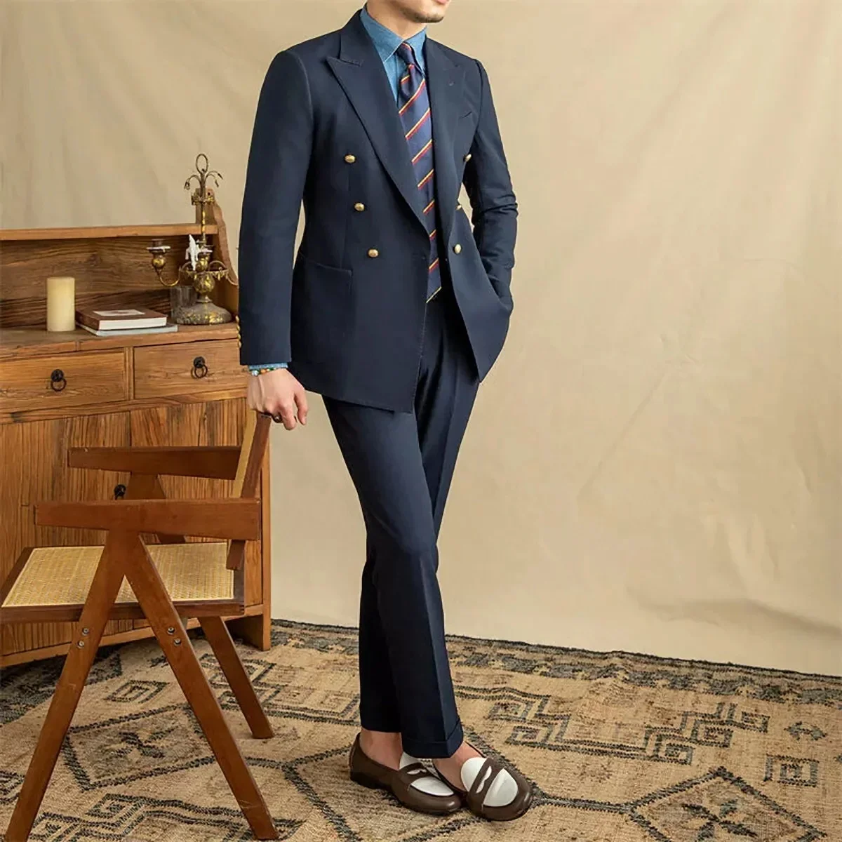 Double Breasted Men Suits Slim Fit Business Suits 2Pcs Jacket Pants Metal Buttons Solid Color Man Suit Set