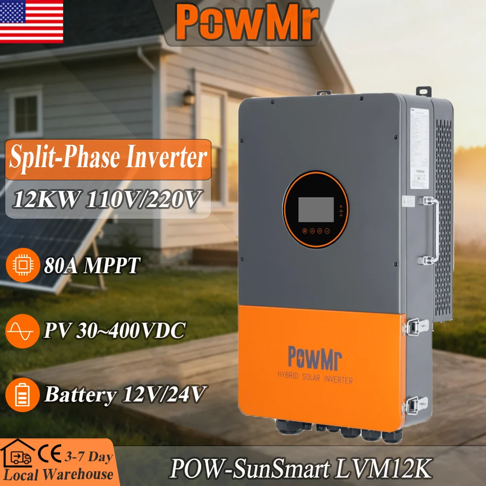 PowMr 12kW Hybrid Inverter 120V 240V Split Phase Solar Inverter Dual MPPT with 200A Charging Built-in Circuit Breaker Supports  3 Phase and Up to 6 Units in Parallel for Energy Storage System