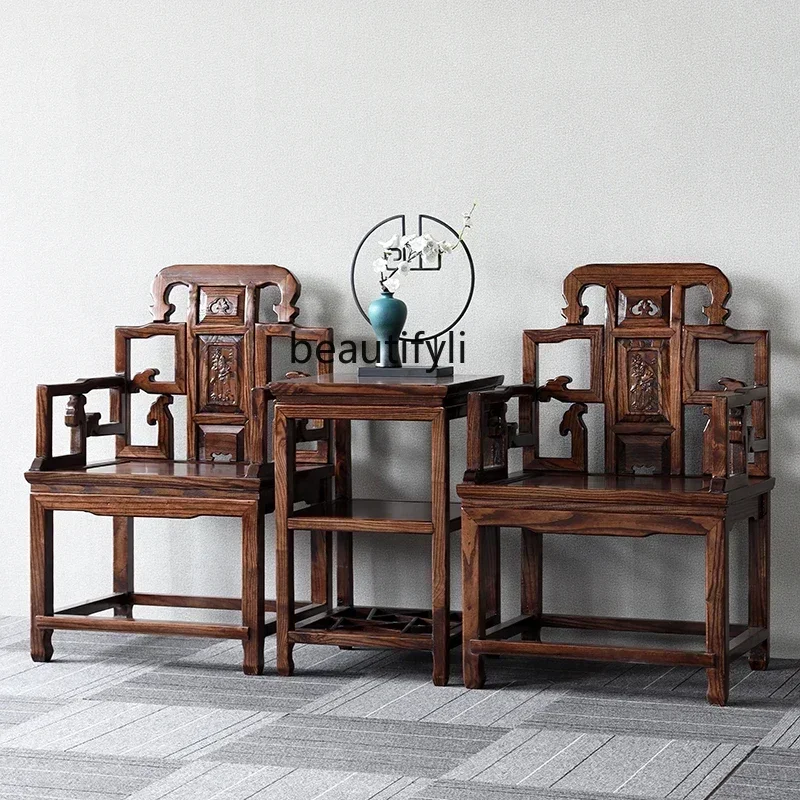 

12Solid wood Taishi armchair three-piece set Ming and Qing antique official hat chair elm Chinese coffee table chair