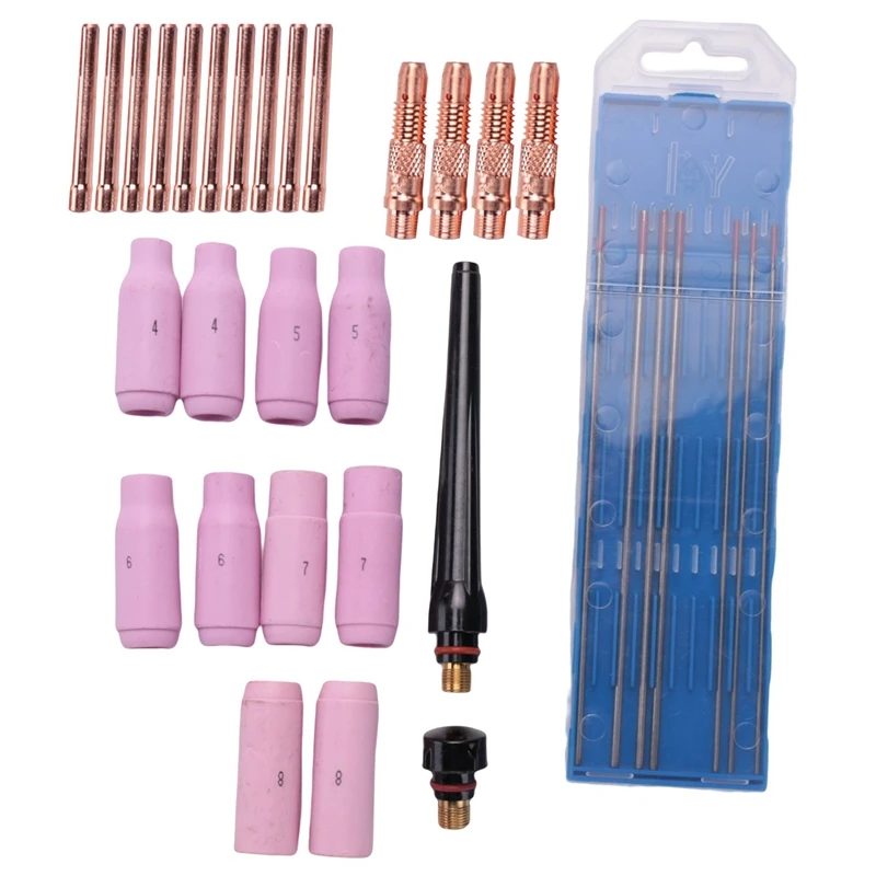 

ABHU TIG Welding Accessories Set, Adapter Sleeves+ Housing+ Ceramic Nozzles+ Tungsten Electrodes For WP-26 TIG Welding Torch