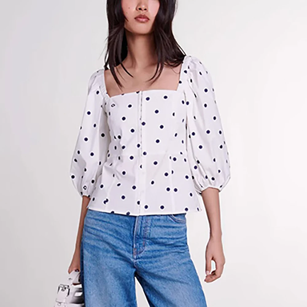 

Polka Dot Cotton Women's T-Shirt Y2k Vintage Fashion Commuter Elegant Hundred Square Neck Short Sleeve Tees Top 2024 Summer New