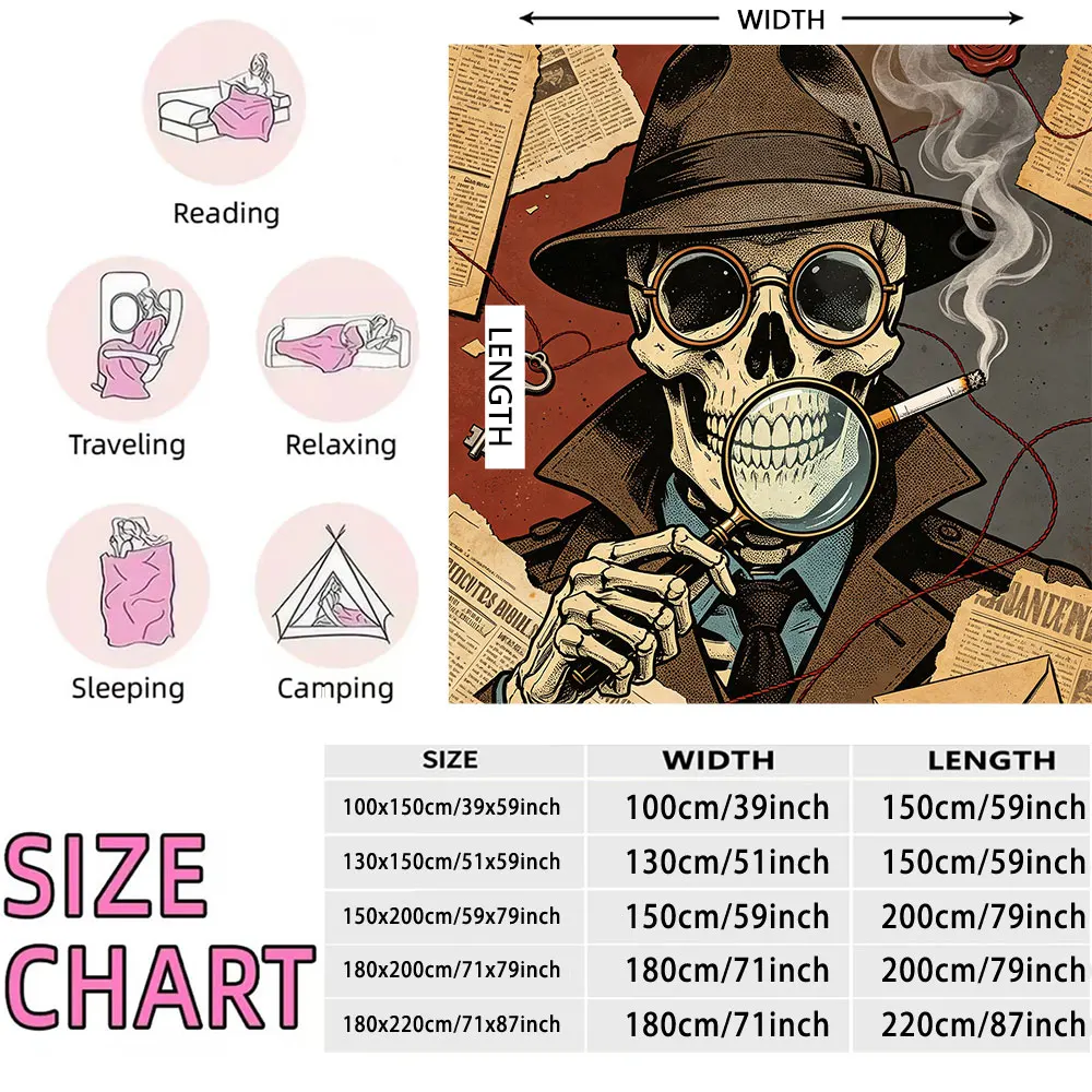 Vintage Detective Skull Printed Flannel Blanket Retro Noir Style Soft Warm Cozy Throw Blanket
