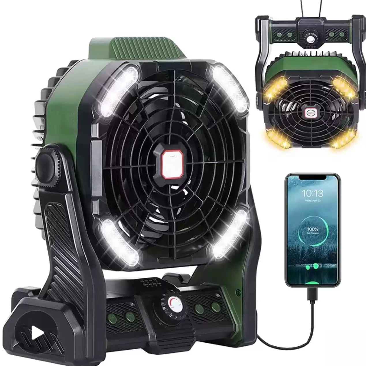 Portable Outdoor Camping Fan Auto Oscillate Hanging For Tent Large Airflow Rechargeable Fan Built-in LED Camping Light
