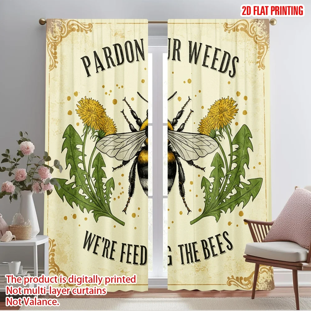 

2pcs 2D flat printing Curtain Pardon Our Weeds Feeding Bees 100% Polyester Without Electricity Birthday Party Use for Holiday
