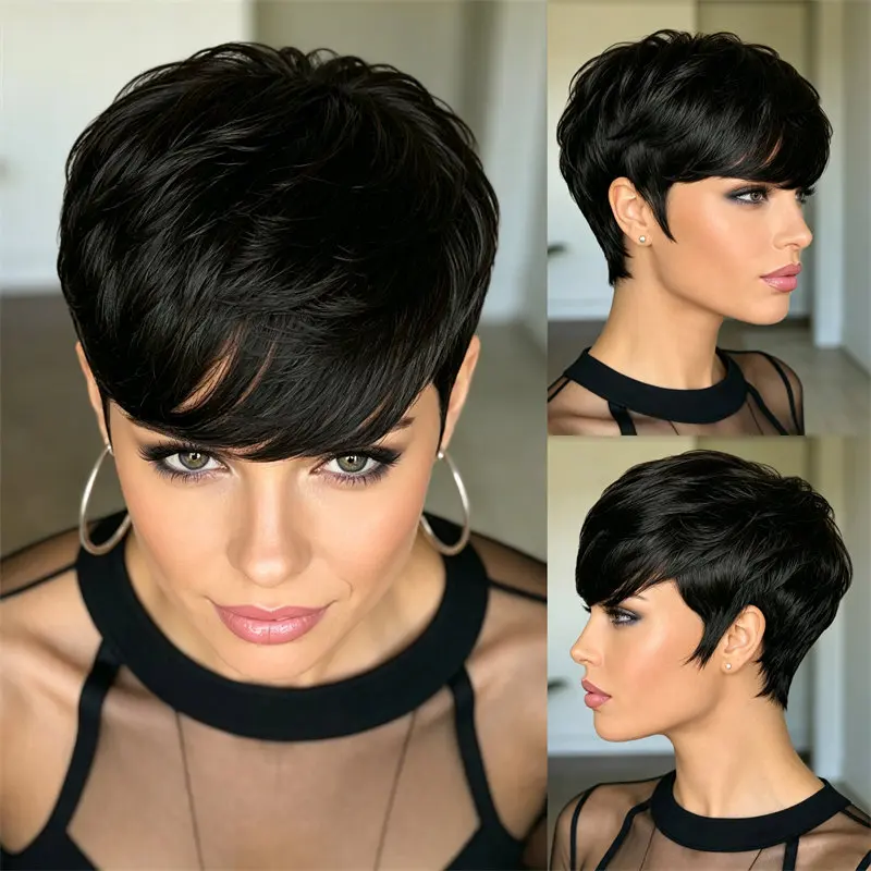 Pixie Cut Human Hair Wig Full Machine Made Natural Black Short Layered Wigs For Women Halloween Party Cosplay Daily Casual Wear