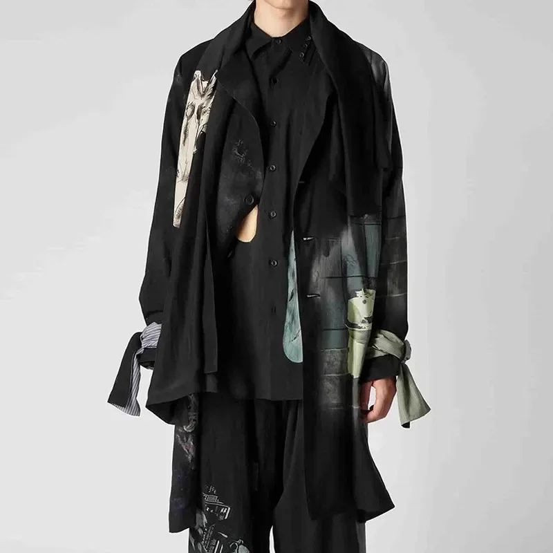

YOJI OOAK Japanese men's long-sleeved design style printed asymmetrical front mid-length coat top