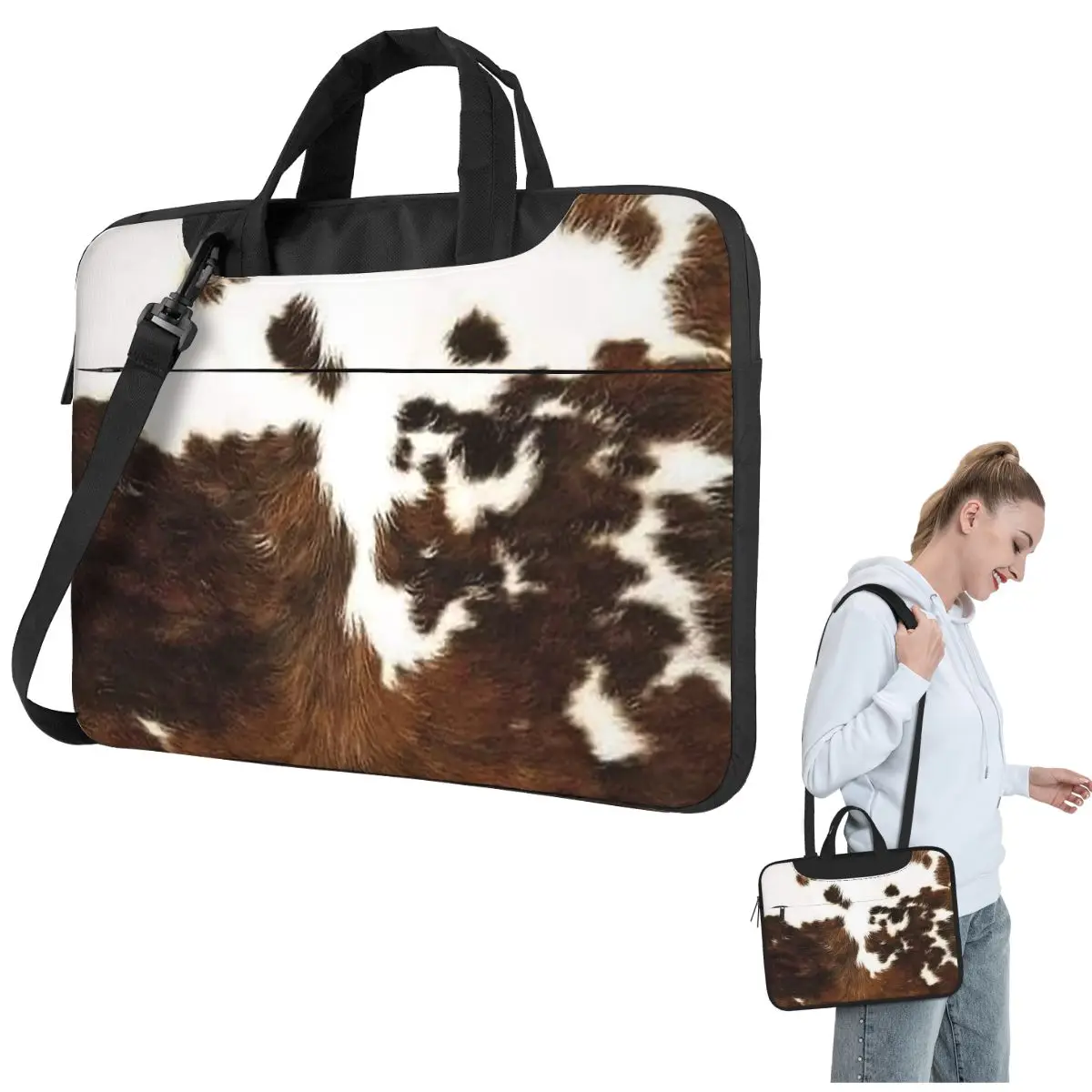 Stylish Cow Fur Cowhide Texture Cow Skin Print Pattern Crossbody Laptop Bag Case Computer Bag Resistant Protective Macbook Pro