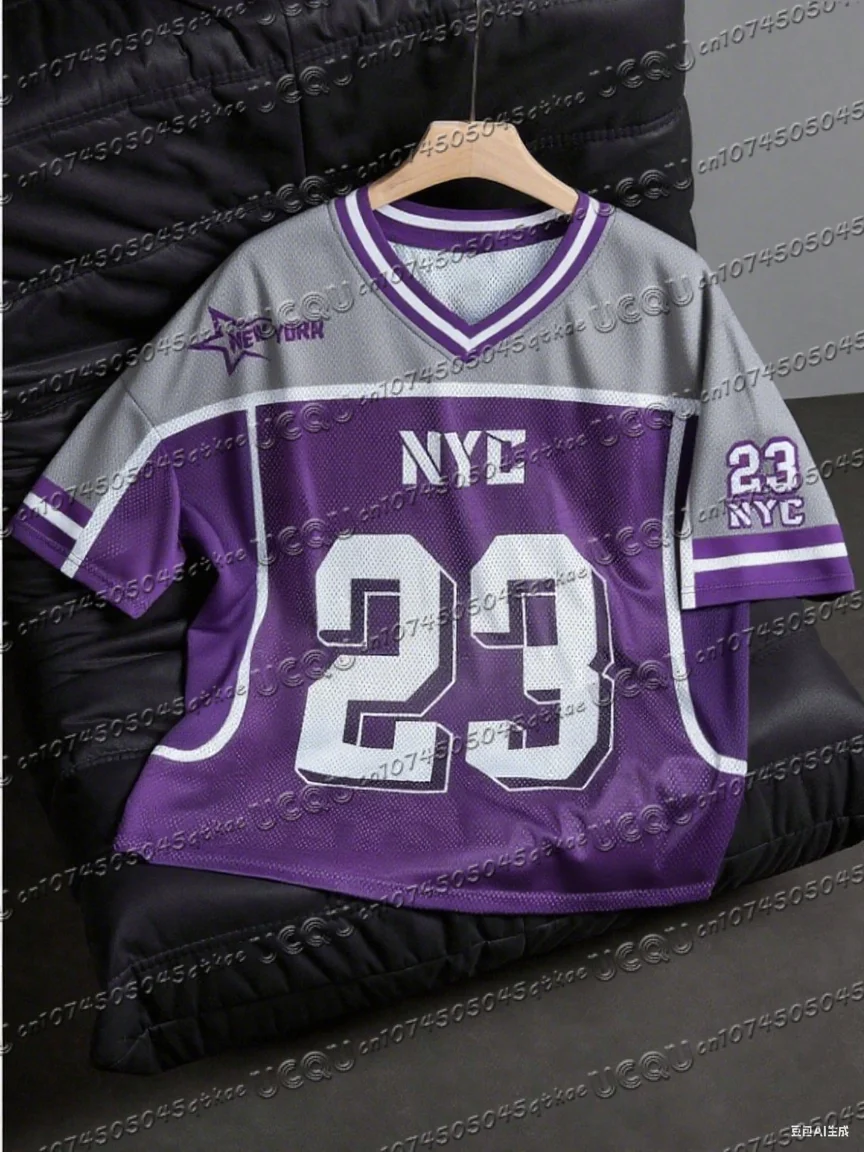 Women's V-Neck Sporty Jersey T-Shirt NEW YORK Print & NO.23 Summer Casual Wear Sports Dropped Shoulder Mesh T-shirt Tops