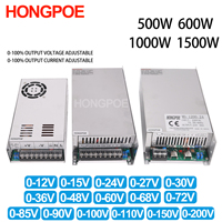 Adjustable 500W 600W 1000W 1500W Power Supply 0-12V 15V 24V 36V 48V 60V 72V 85V 90V 110V 150V 200V 110/220V Ac To Dc Smps