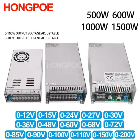 Adjustable 500W 600W 1000W 1500W Power Supply 0-12V 15V 24V 36V 48V 60V 72V 85V 90V 110V 150V 200V 110/220V Ac To Dc Smps