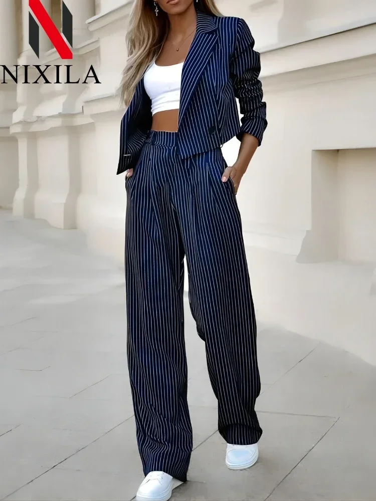 

Spring Autumn Elegant Women Long Sleeve Short Blazer Wide Leg Pants Set Office Ladies Striped Chic 2 Piece Sets Womens Outfits