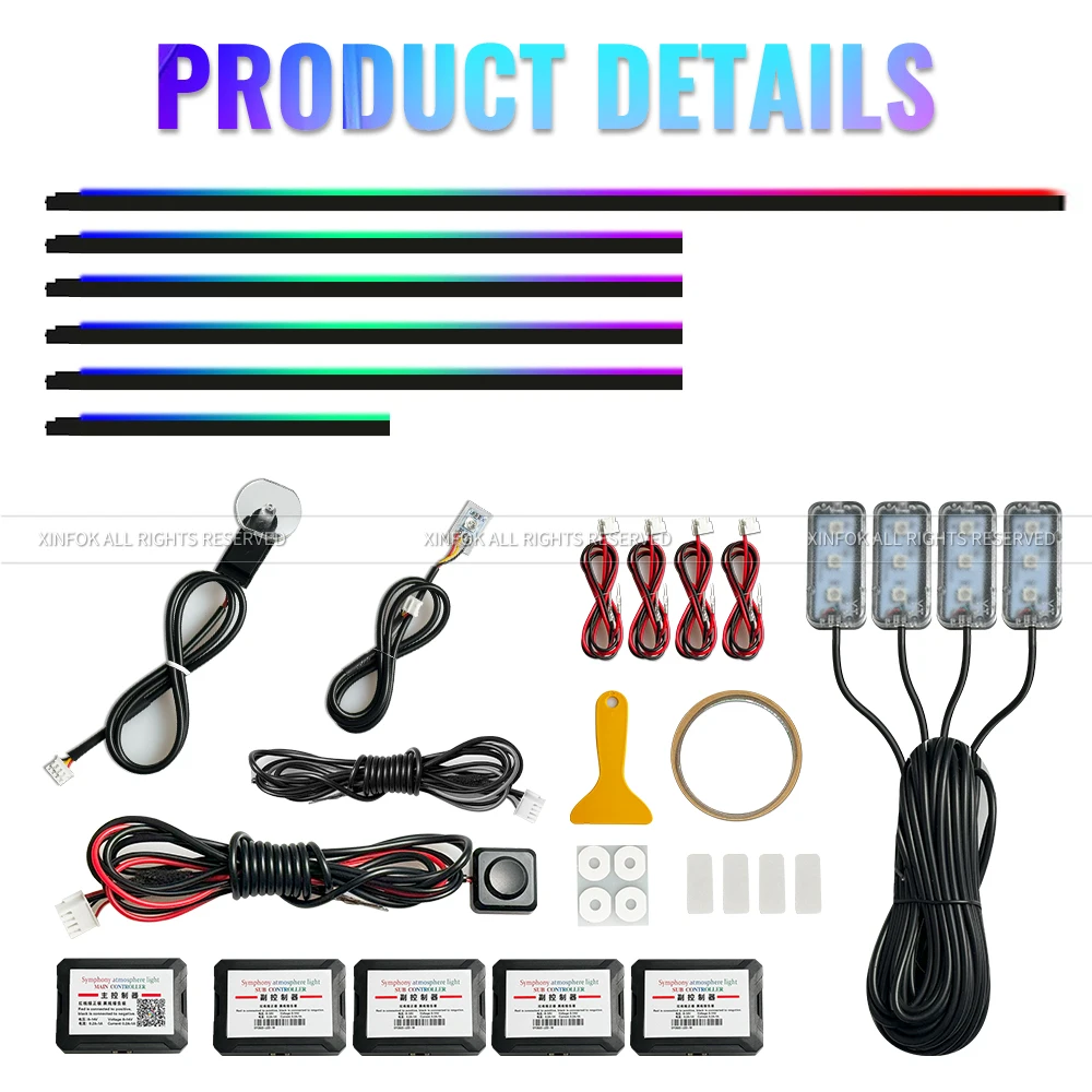 6 in 1 Led Car Ambient Streamer Symphony Strip Kit Rgb  64 Color Rainbow Interior Dashboard Acrylic Decorative Lights 12V