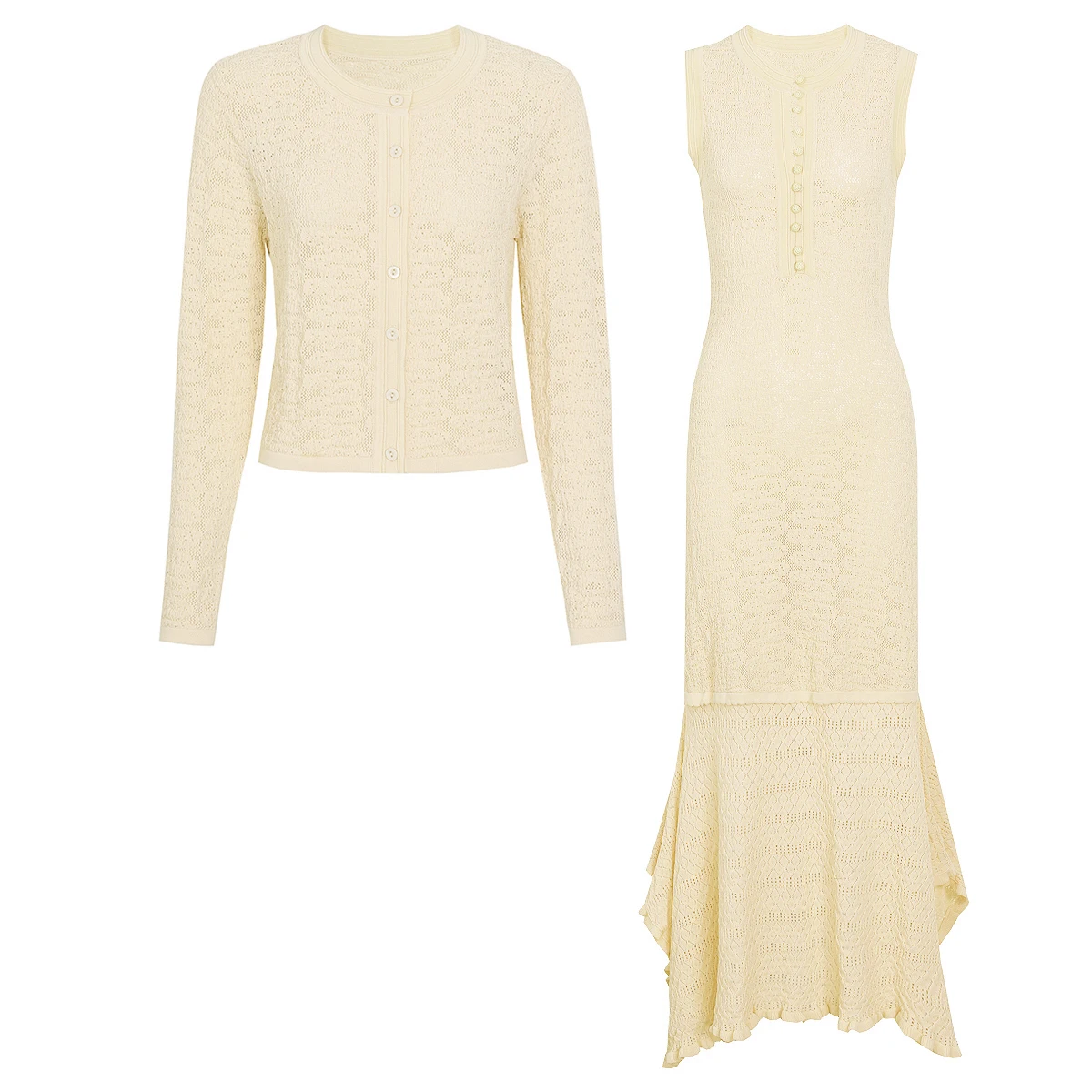26261 High Quality Women Knitted Set Long Sleeve Button Cardigan Sleeveless Irregular Slim Dress Daily Fashion Outfit