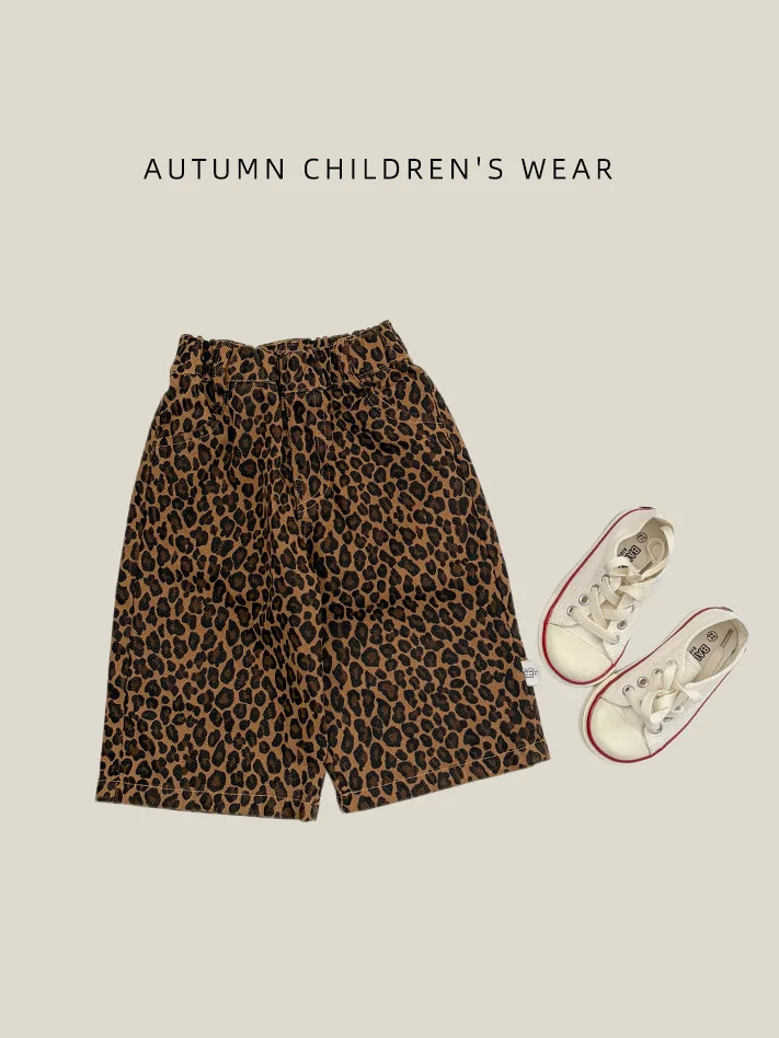 0-4 yrs Vintage Leopard Print Wide Leg Pants for Baby Girls Kids Autumn Loose Straight Toddler Elastic Waist Cotton Trousers