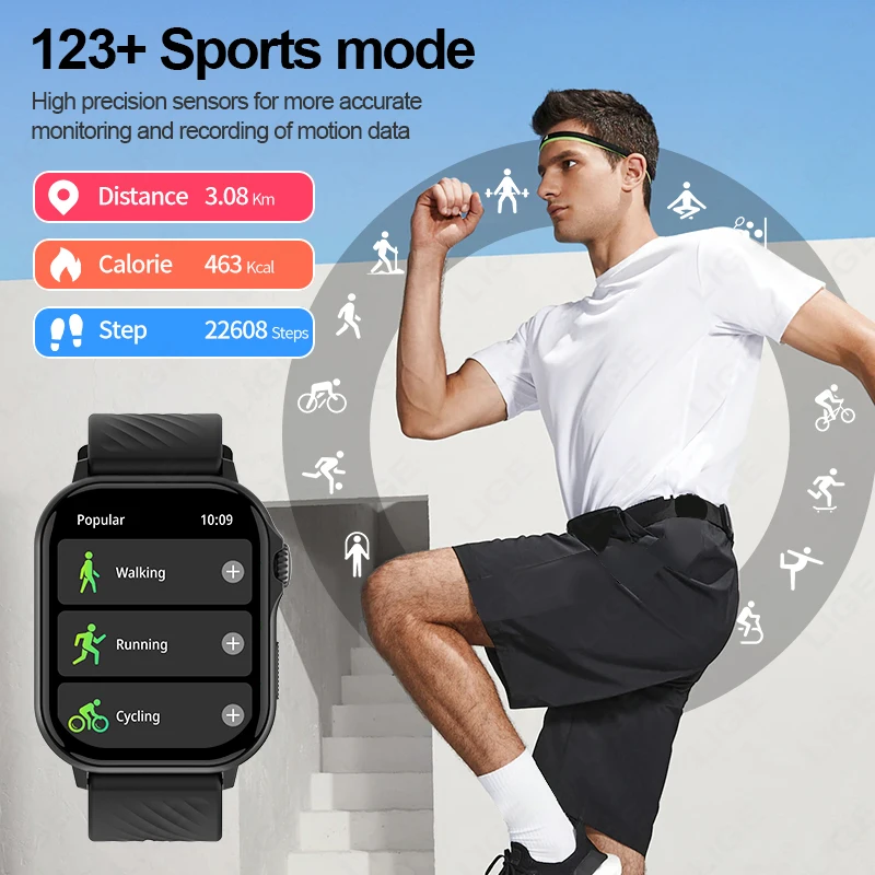LIGE GPS Smart Watch 2.13-Inch HD Full Color Screen 100+Sports Mode Smartwatch GPS Motion Tracking Heart Rate Monitoring Outdoor