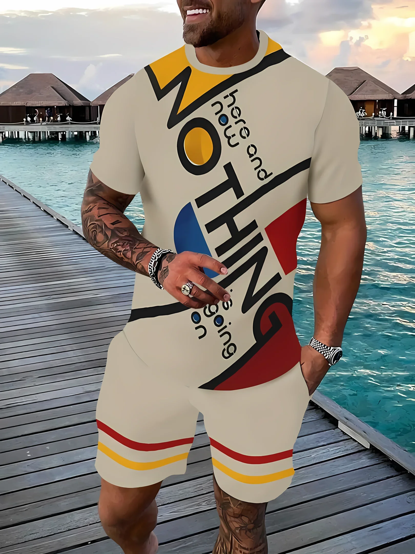 

Men's outdoor leisure sports 3D printed round neck short sleeved T-shirt and shorts set trendy and fashionable men's T-shirt