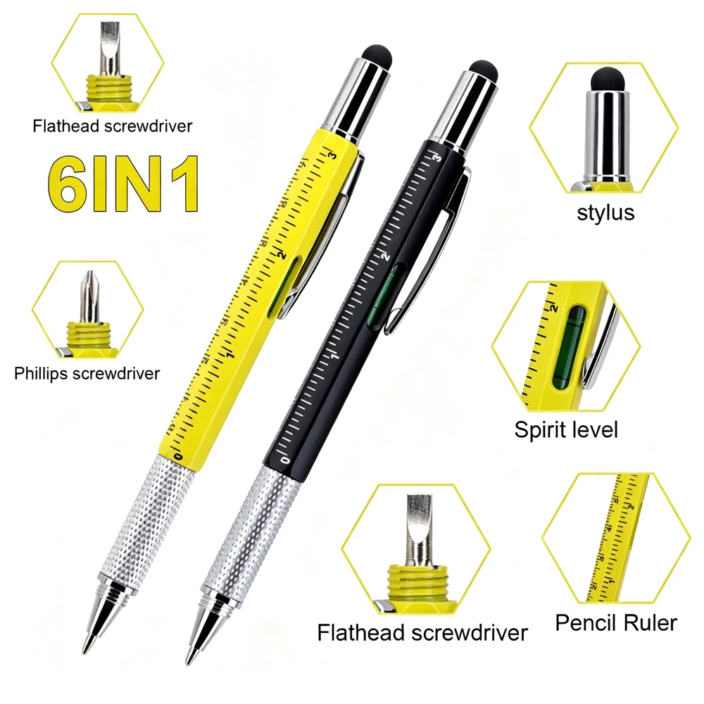 2Pcs 6 in1 Multifunction Ballpoint Pen with Handheld Tool Measure Technical Ruler Screwdriver Touch Screen Stylus Spirit Level