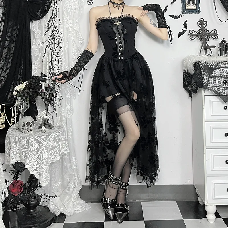 Goth Dark Florals Mesh Patchwork Strapless Party Dress Women Fairycore Wedding Gown Mall Gothic Single Breasted Lace-up Dresses - Image 3