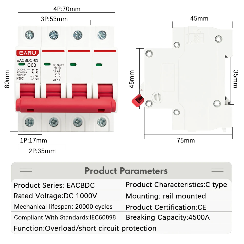 DC 1000V 1P 2P 3P 4P Solar Mini Circuit Breaker Overload Protection Switch 10A 16A 20A 25A 32A 40A 50A 63A Photovoltaic MCB PV