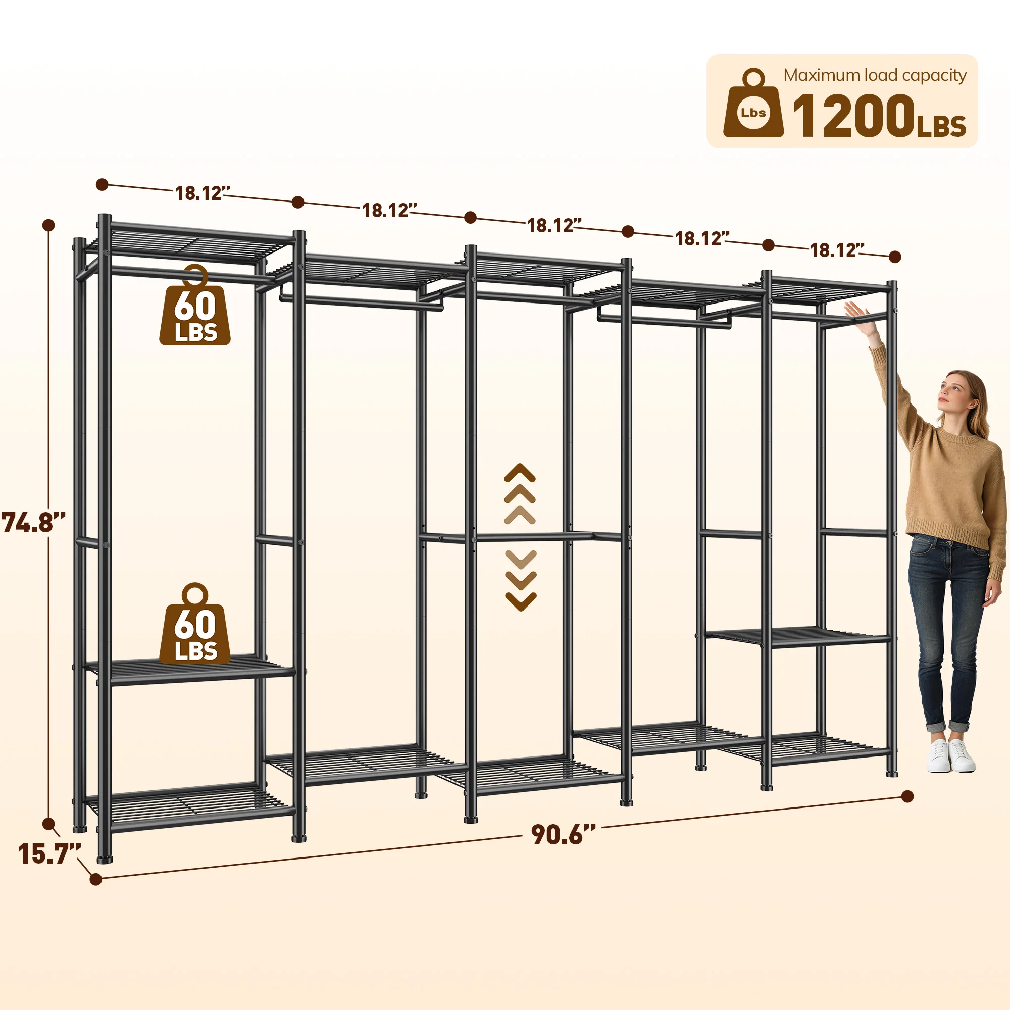 Raybee 90.6 Inches Wide Five-Column Large Storage Closet Organizer with a Cover, a Robust Wardrobe Rack with Shelves, And a Very Sturdy Freestanding Shelving Unit Suitable for a Bedroom Or Garage, Measuring 90.6 Inches in Width